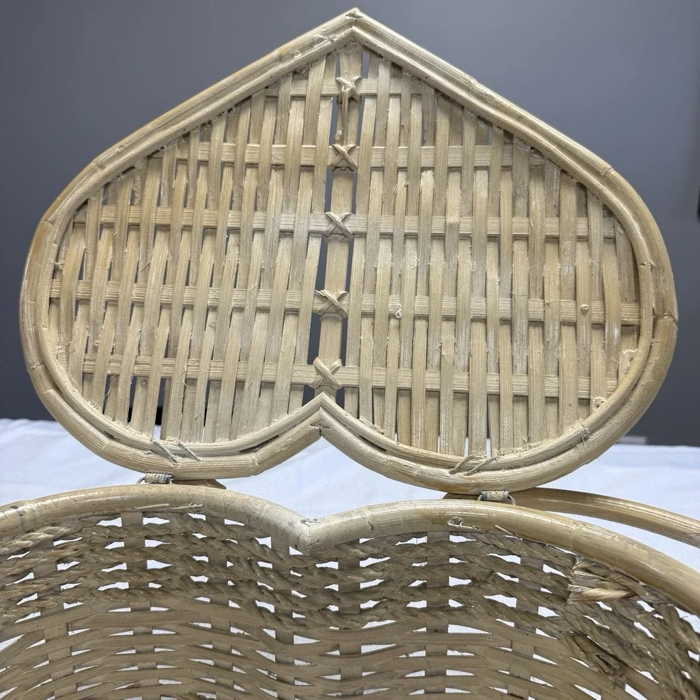 Vintage Heart Shaped Picnic Basket Large Sturdy Classic Woven Wicker Whitewash